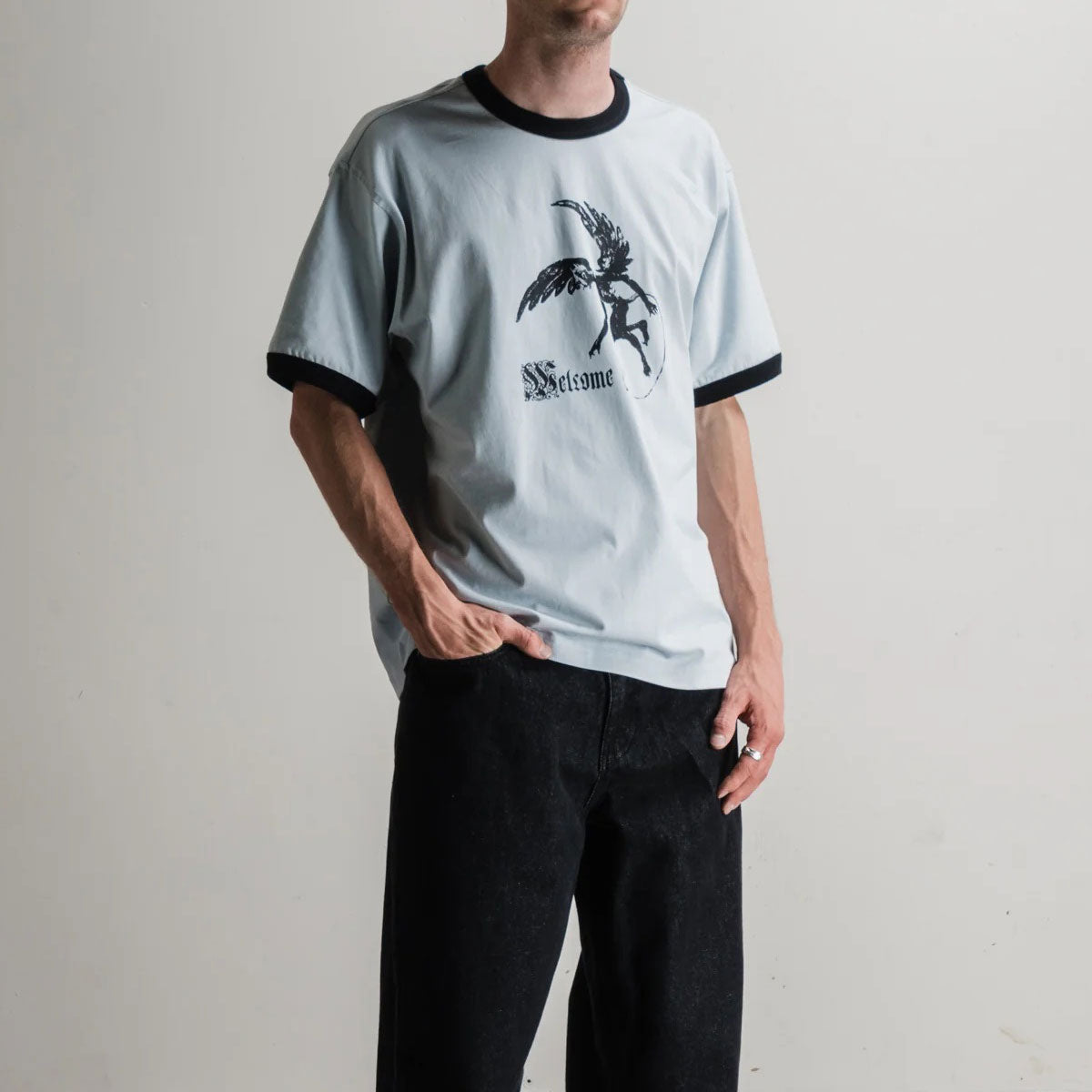 Welcome Scatter Ringer Knit T-Shirt - Mist/Black image 2