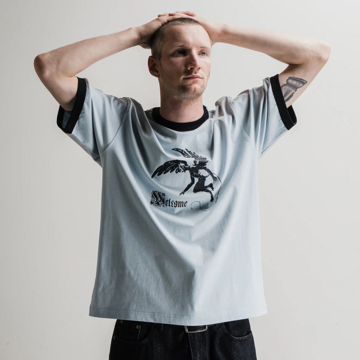Welcome Scatter Ringer Knit T-Shirt - Mist/Black image 3