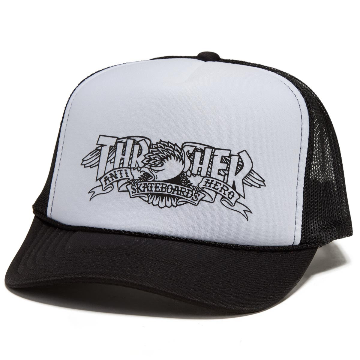 Thrasher x Anti-Hero Mag Banner Trucker Hat - Black/Black/White image 1