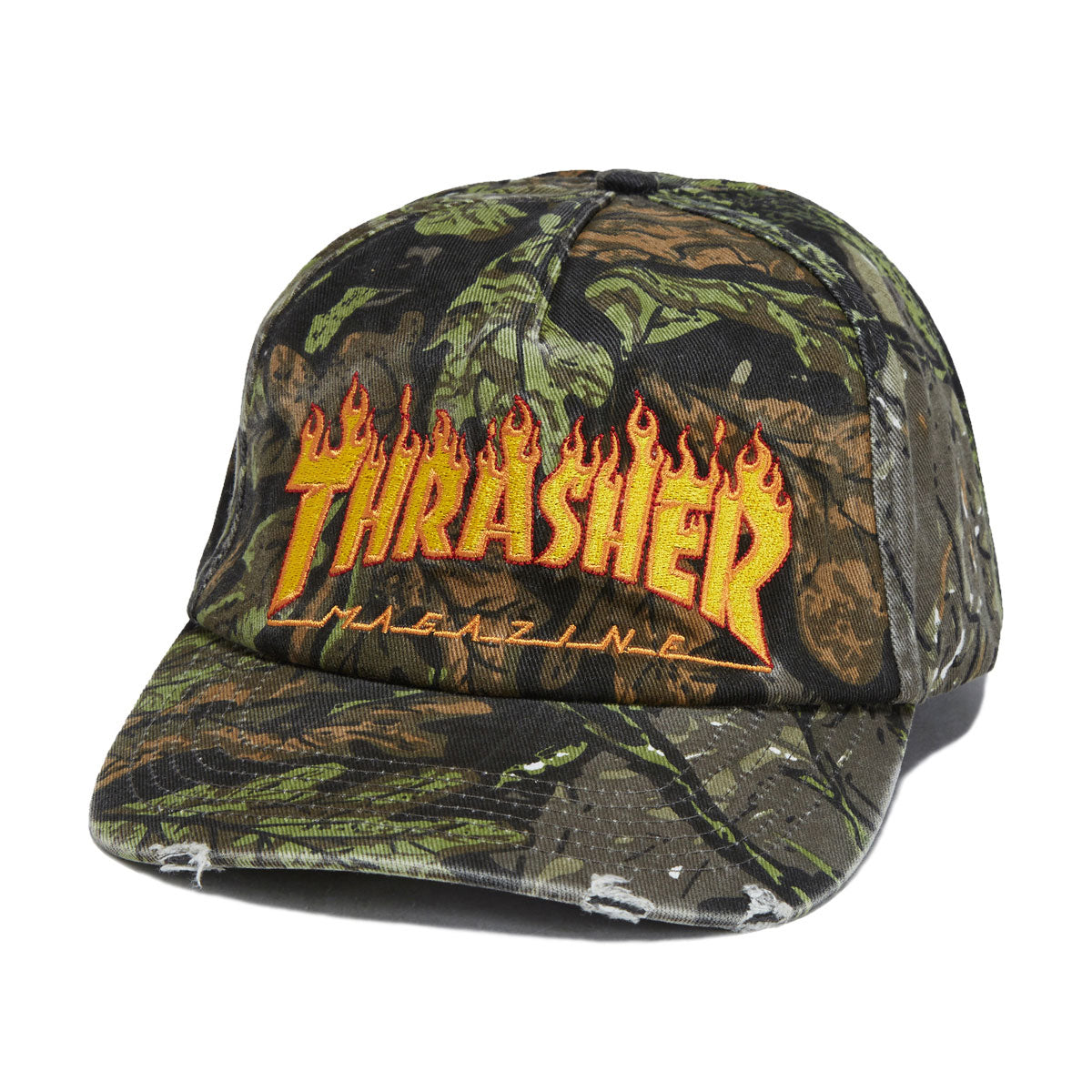 Thrasher Flame Distressed Snapback Hat - Camo image 1