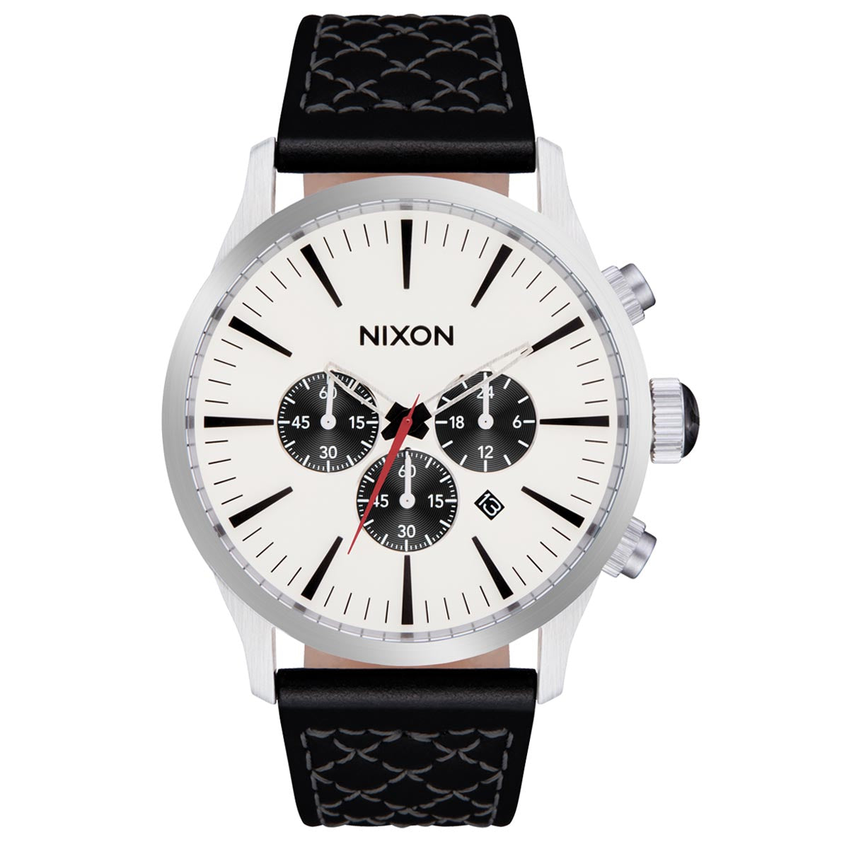 Nixon Sentry Chrono Leather Watch - Chrome/Cloud Sunray/Black image 1