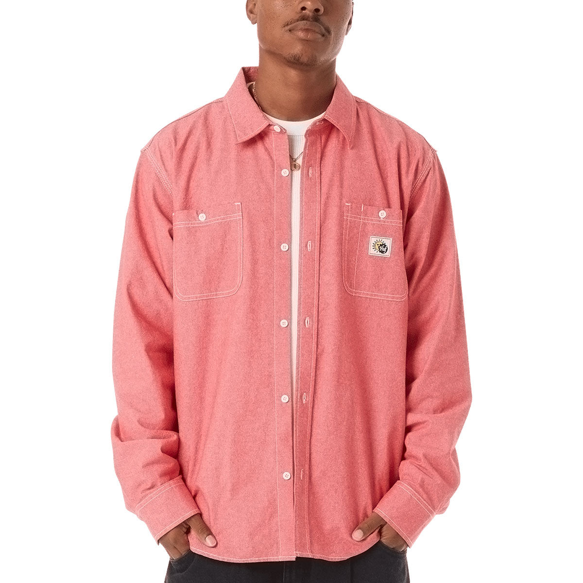 HUF Total Eclipse Chambray Long Sleeve Shirt - Red image 1