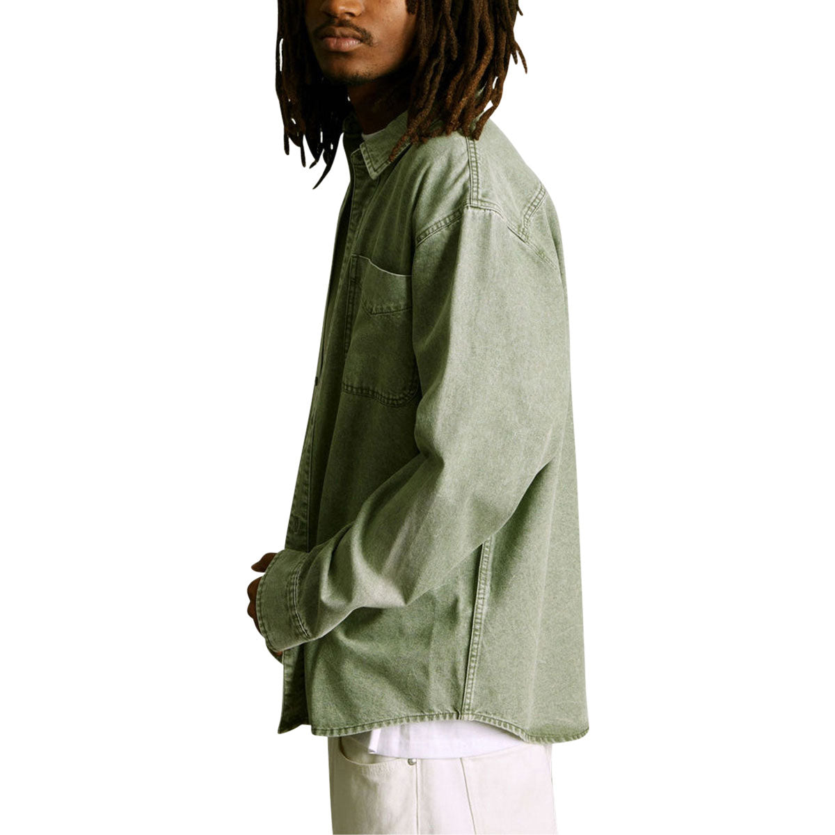 HUF Carson Overdyed Denim Long Sleeve Shirt - Olive image 4