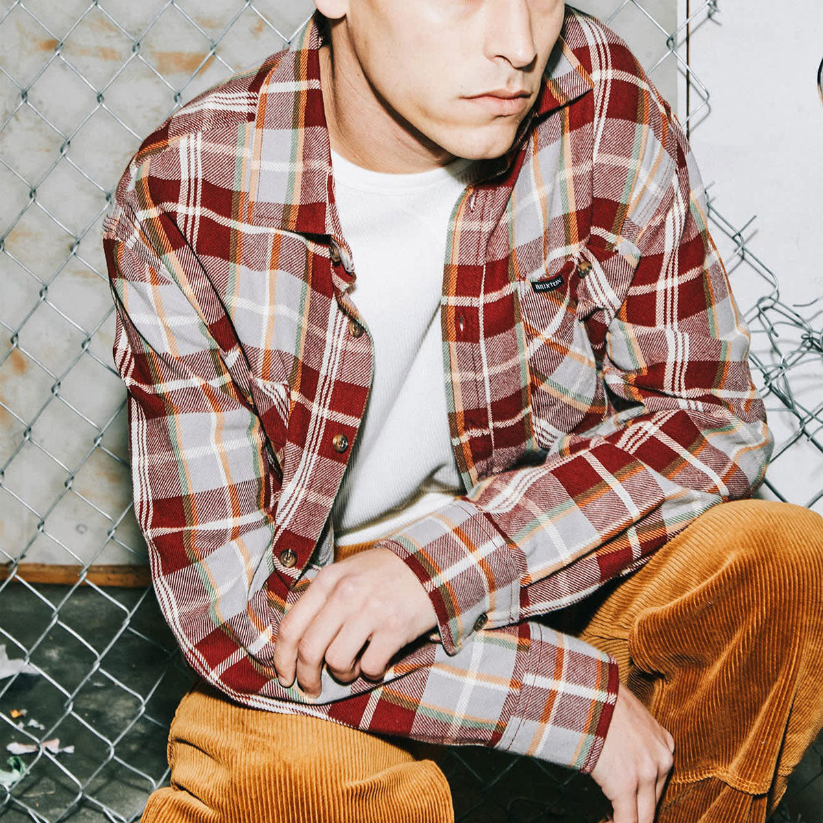 Brixton Vintage Wash Flannel Shirt - Maroon Red/Beige/Green image 5