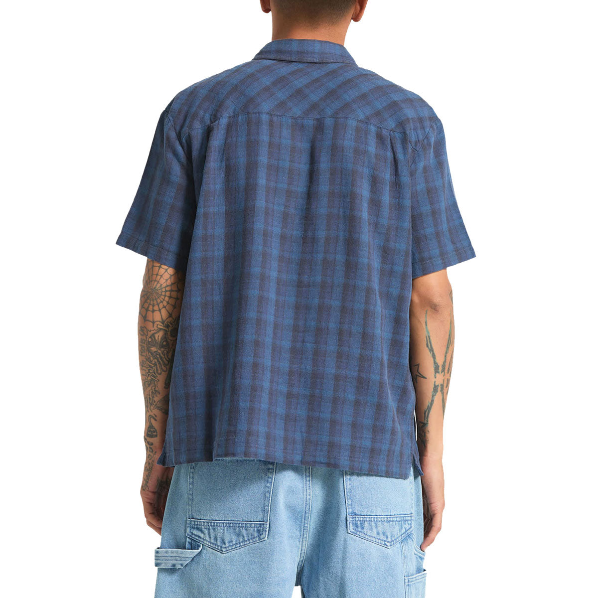 Brixton Cru Linen Blend Plaid Shirt - Dark Blue/Black Plaid image 3