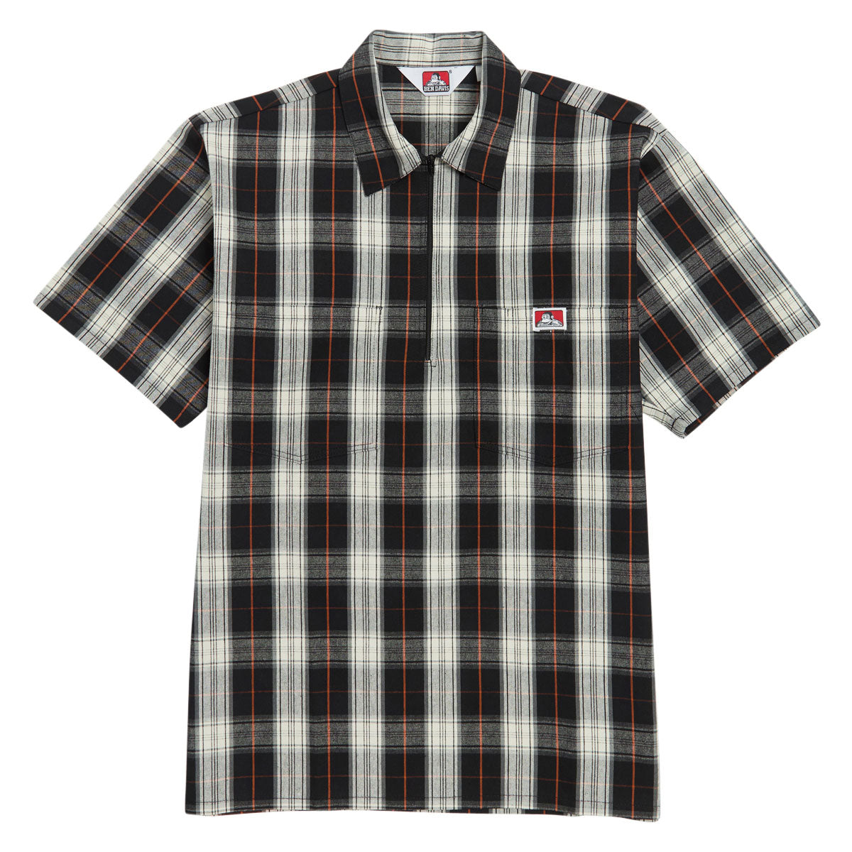 Ben Davis Short Sleeved Plaid 1/2 Zip Shirt - Black/Cream image 1