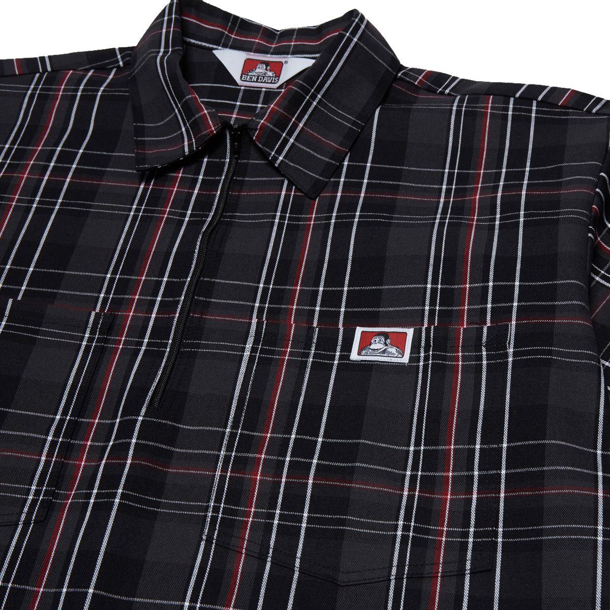 Ben Davis Short Sleeved Plaid 1/2 Zip Shirt - Black/Grey/Red image 3