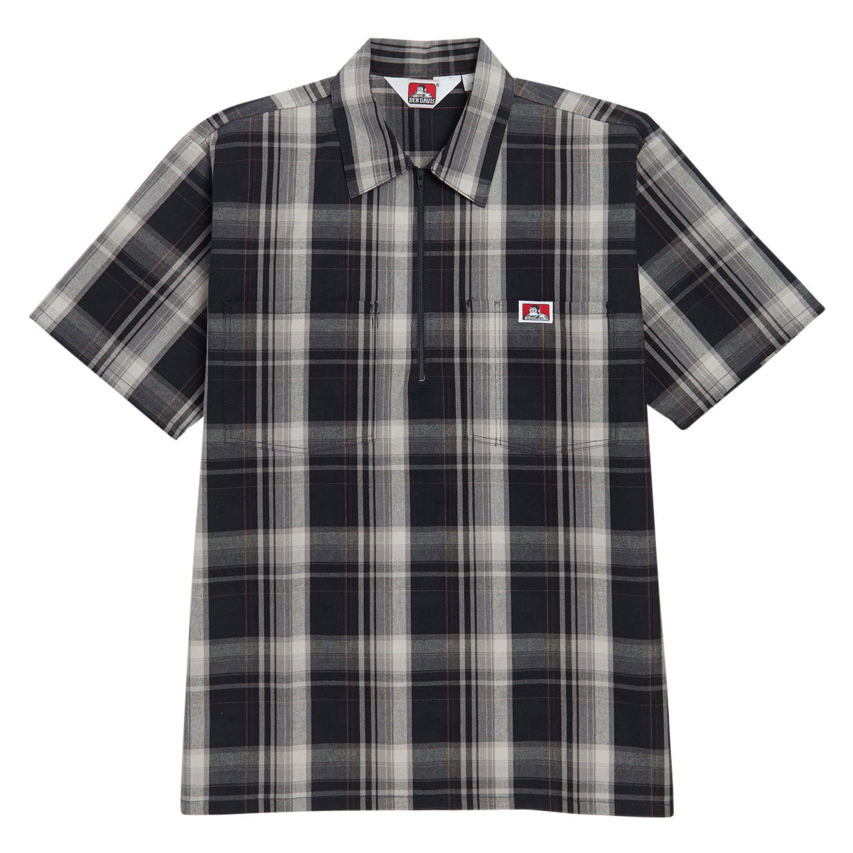 Ben Davis Short Sleeved Plaid 1/2 Zip Shirt - Navy/Grey image 1