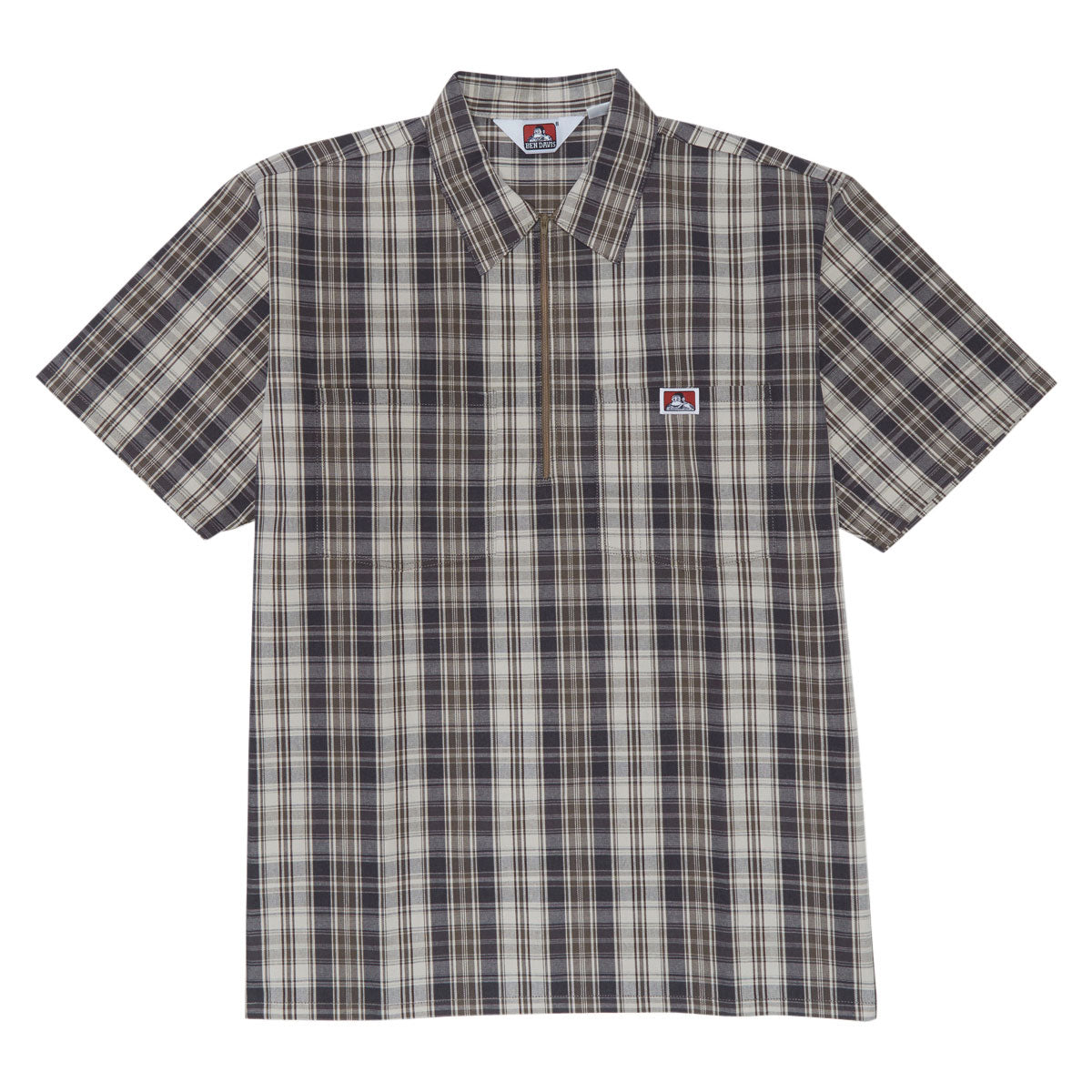 Ben Davis Short Sleeved Plaid 1/2 Zip Shirt - Khaki/Grey image 1