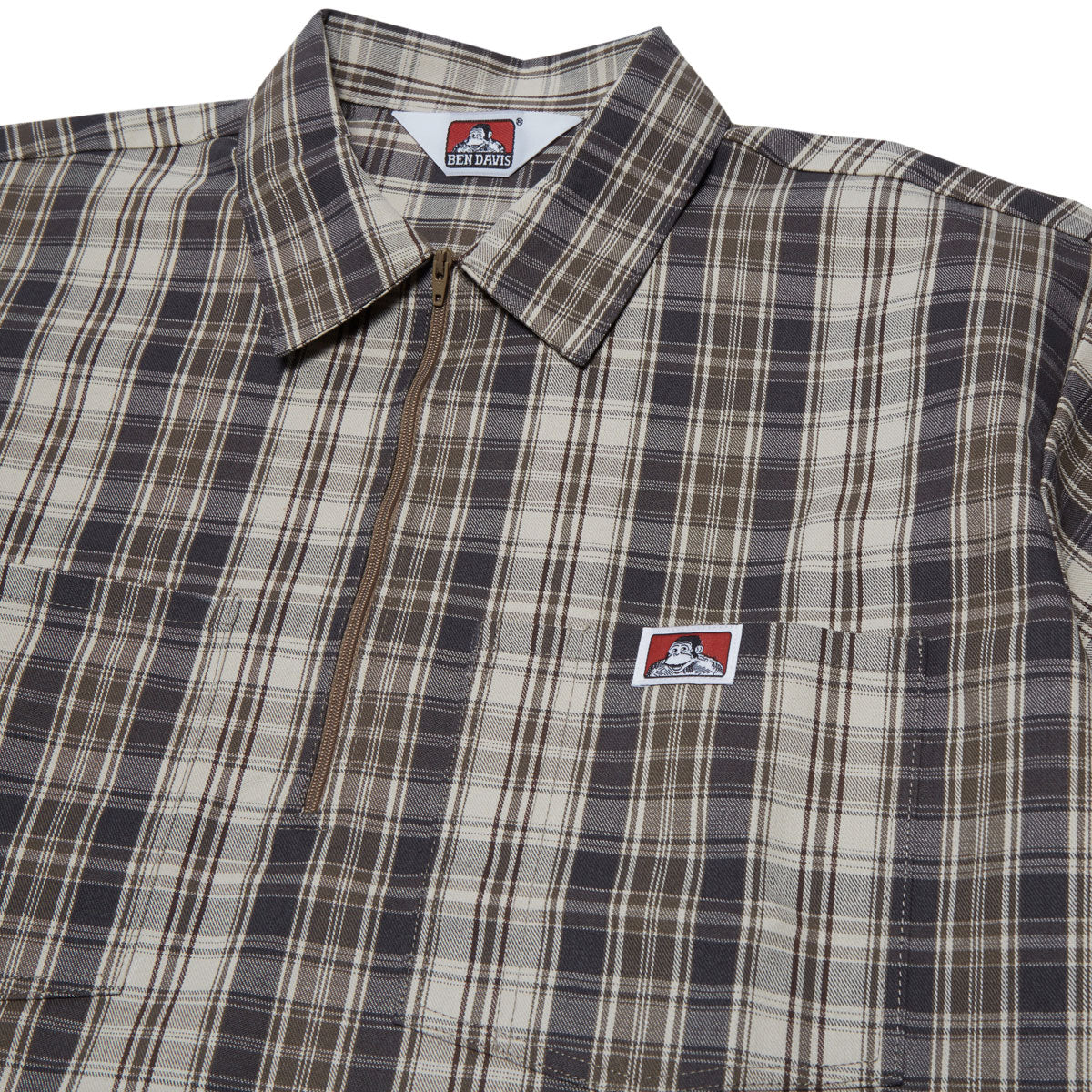 Ben Davis Short Sleeved Plaid 1/2 Zip Shirt - Khaki/Grey image 3