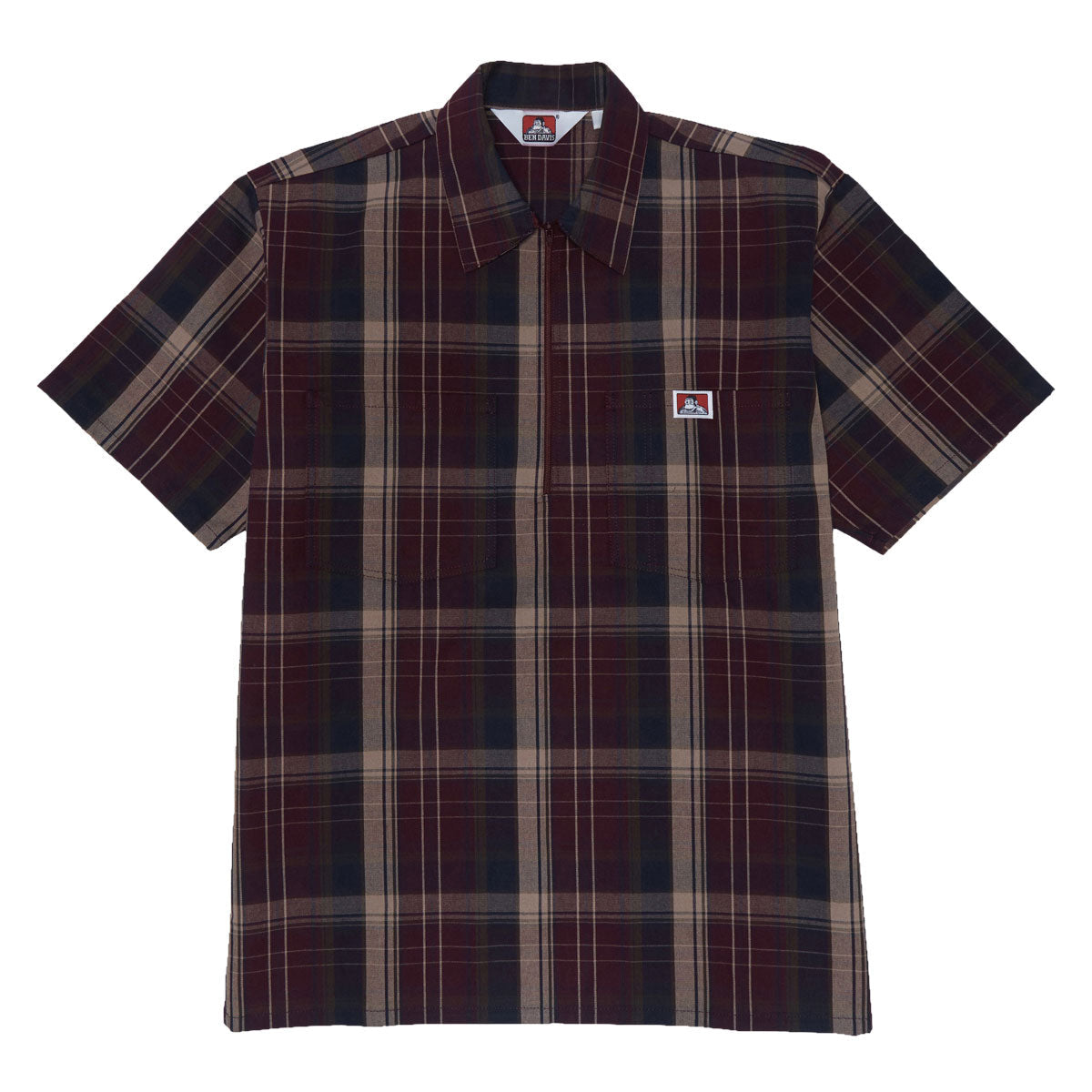 Ben Davis Short Sleeved Plaid 1/2 Zip Shirt - Burgundy image 1