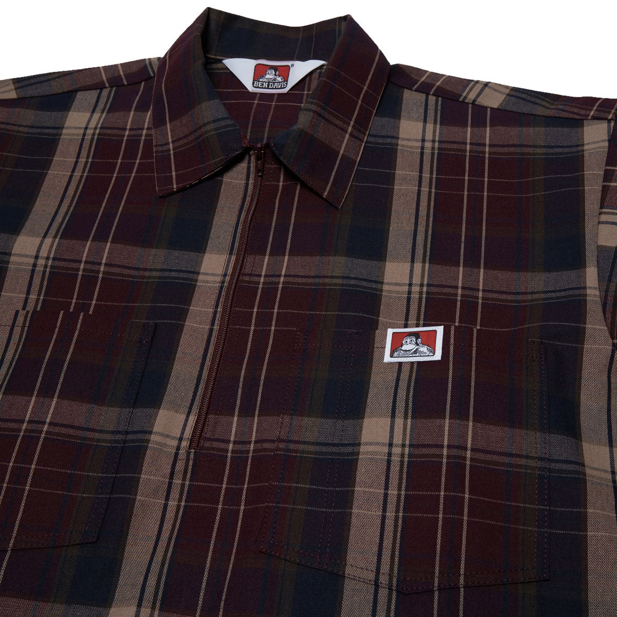 Ben Davis Short Sleeved Plaid 1/2 Zip Shirt - Burgundy image 3