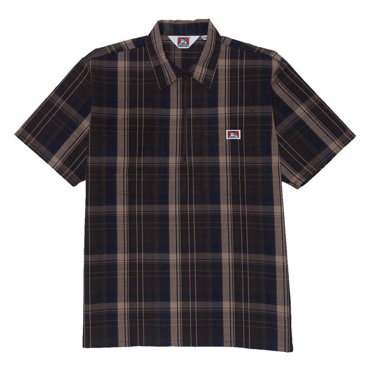 Ben Davis Short Sleeved Plaid 1/2 Zip Shirt - Brown image 1
