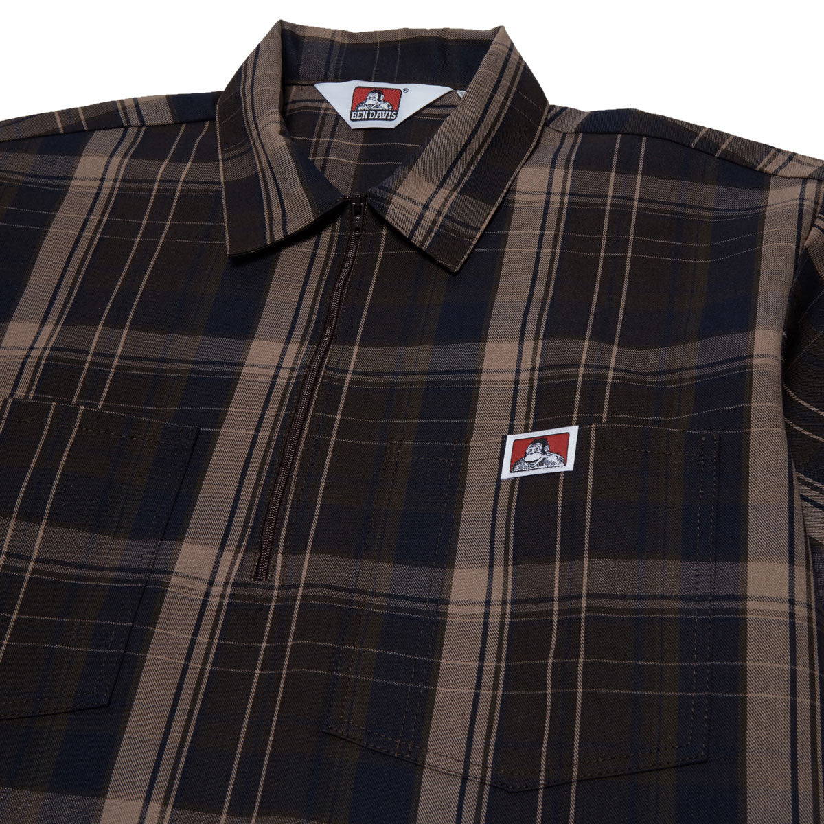 Ben Davis Short Sleeved Plaid 1/2 Zip Shirt - Brown image 3