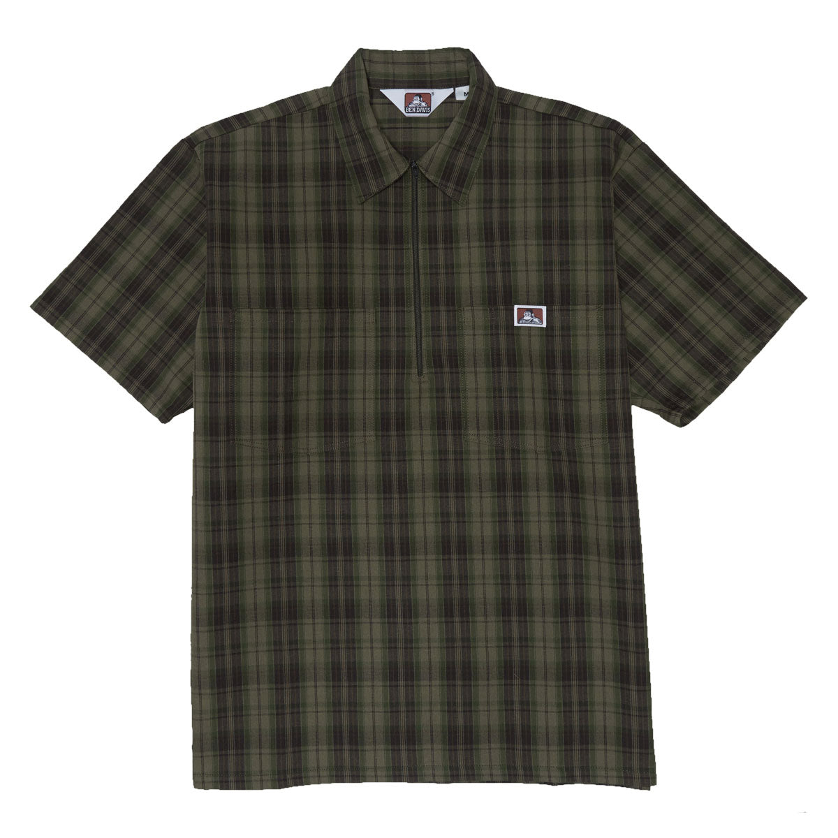 Ben Davis Short Sleeved Plaid 1/2 Zip Shirt - Olive image 1