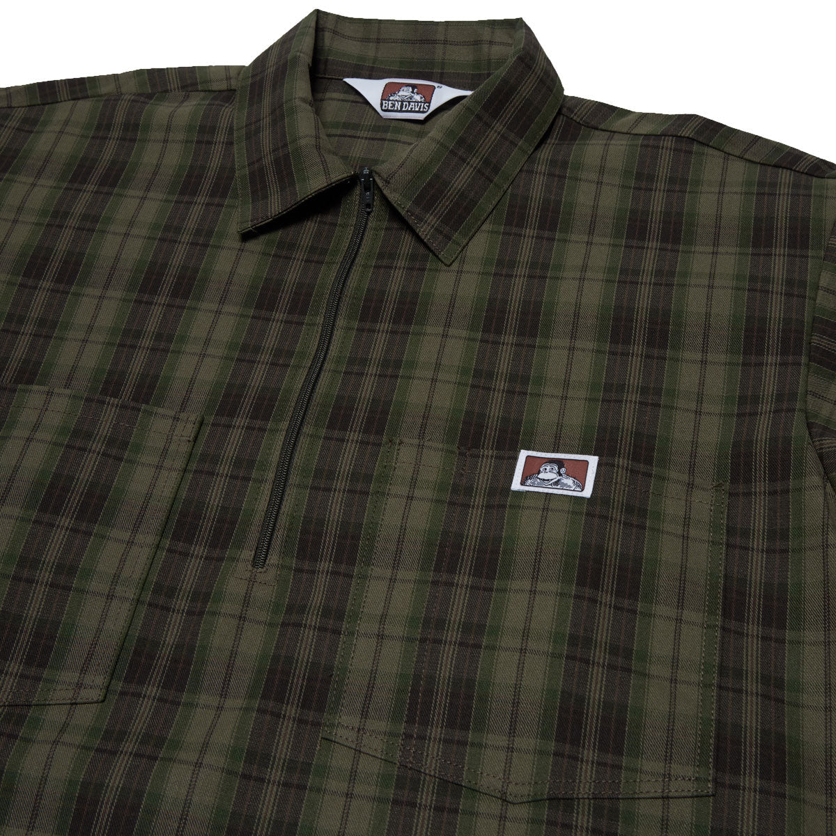 Ben Davis Short Sleeved Plaid 1/2 Zip Shirt - Olive image 3