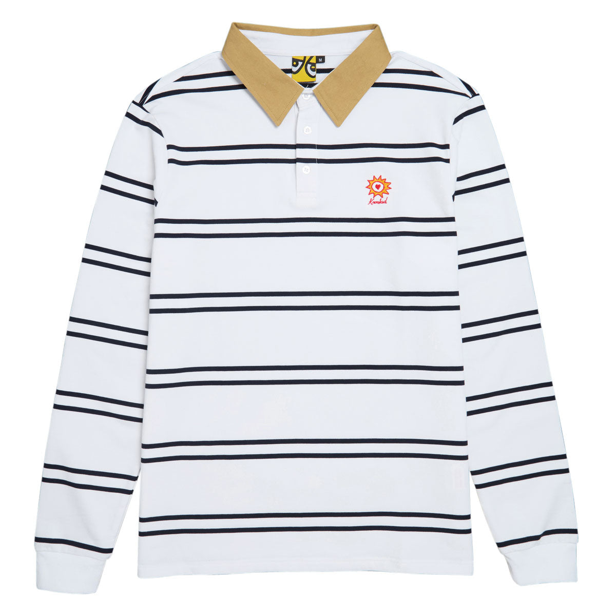 Krooked Sun Heart Long Sleeve Rugby Shirt - White/Navy/Yellow/Red Embroidery image 1