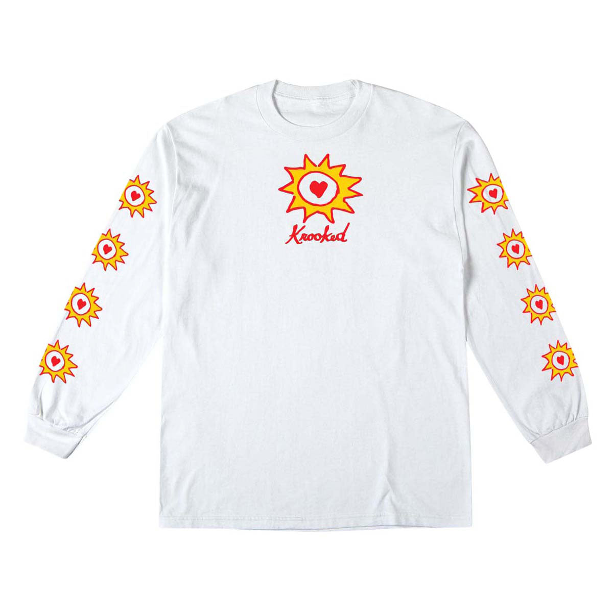 Krooked Sun Heart Sleeve Long Sleeve T-Shirt - White/Red/Yellow Prints image 1