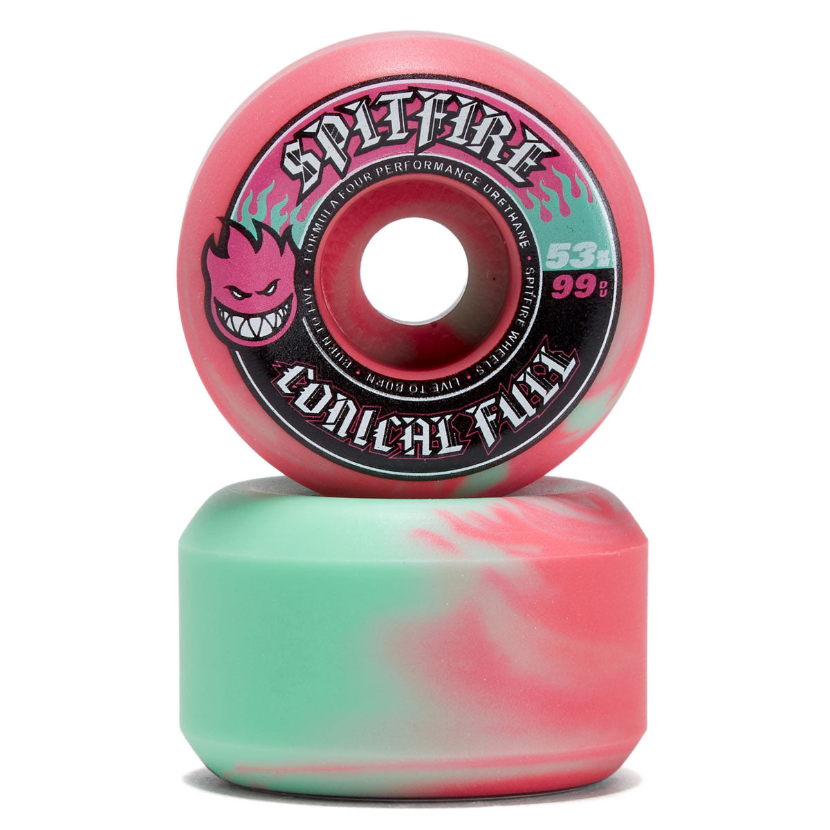Spitfire F4 99 Team Color Pack Conical Full Skateboard Wheels - Teal/Pink Swirl - 53mm image 2