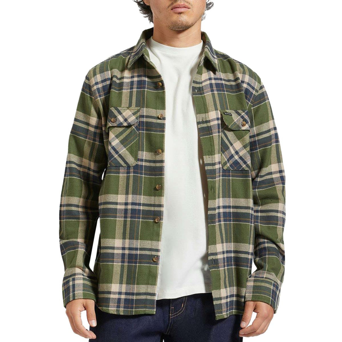 Brixton Bowery Long Sleeve Flannel Shirt - Cypress Green/Washed Navy/White image 1