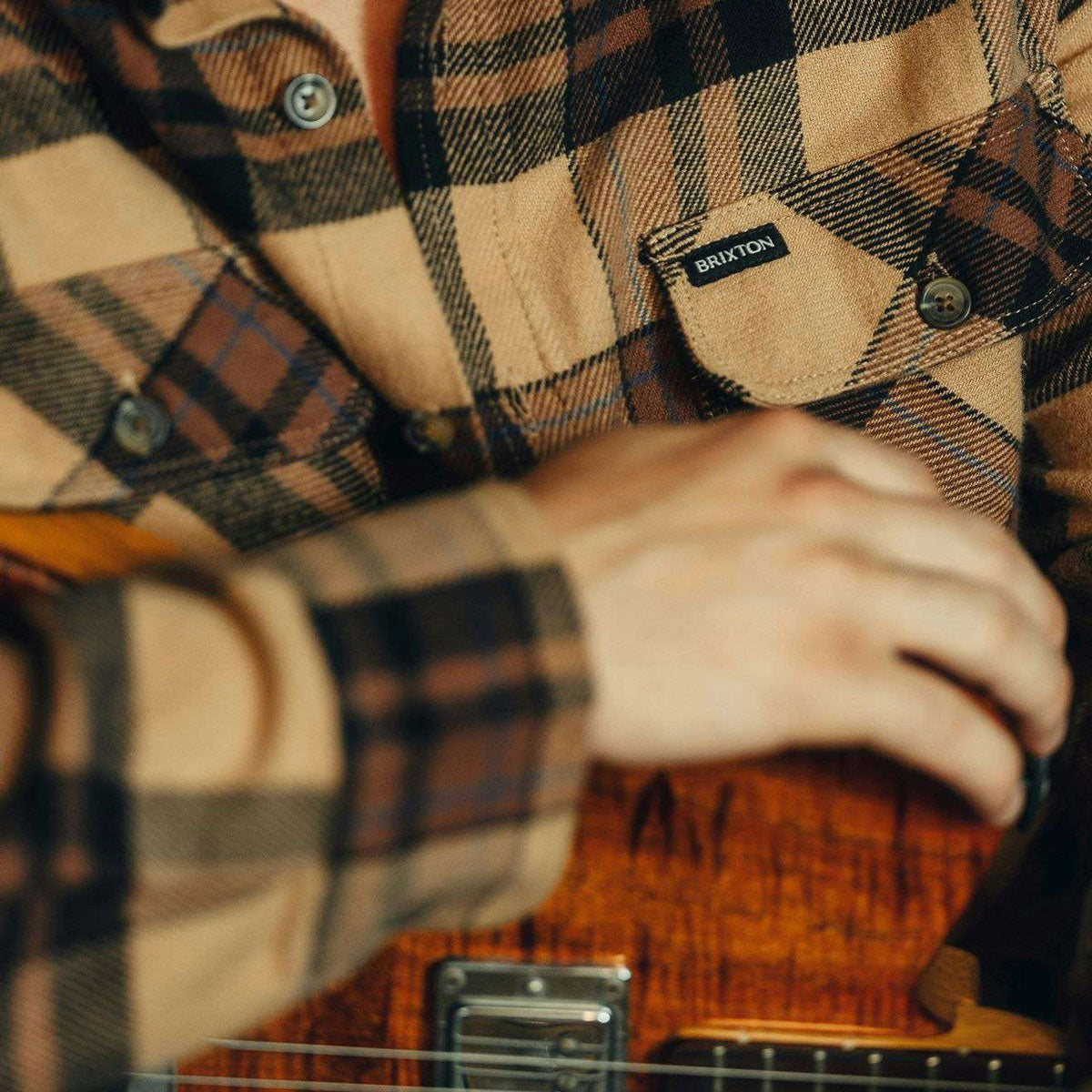 Brixton Bowery Long Sleeve Flannel Shirt - Tiger's Eye/Pinecone Brown/Washed Black image 4