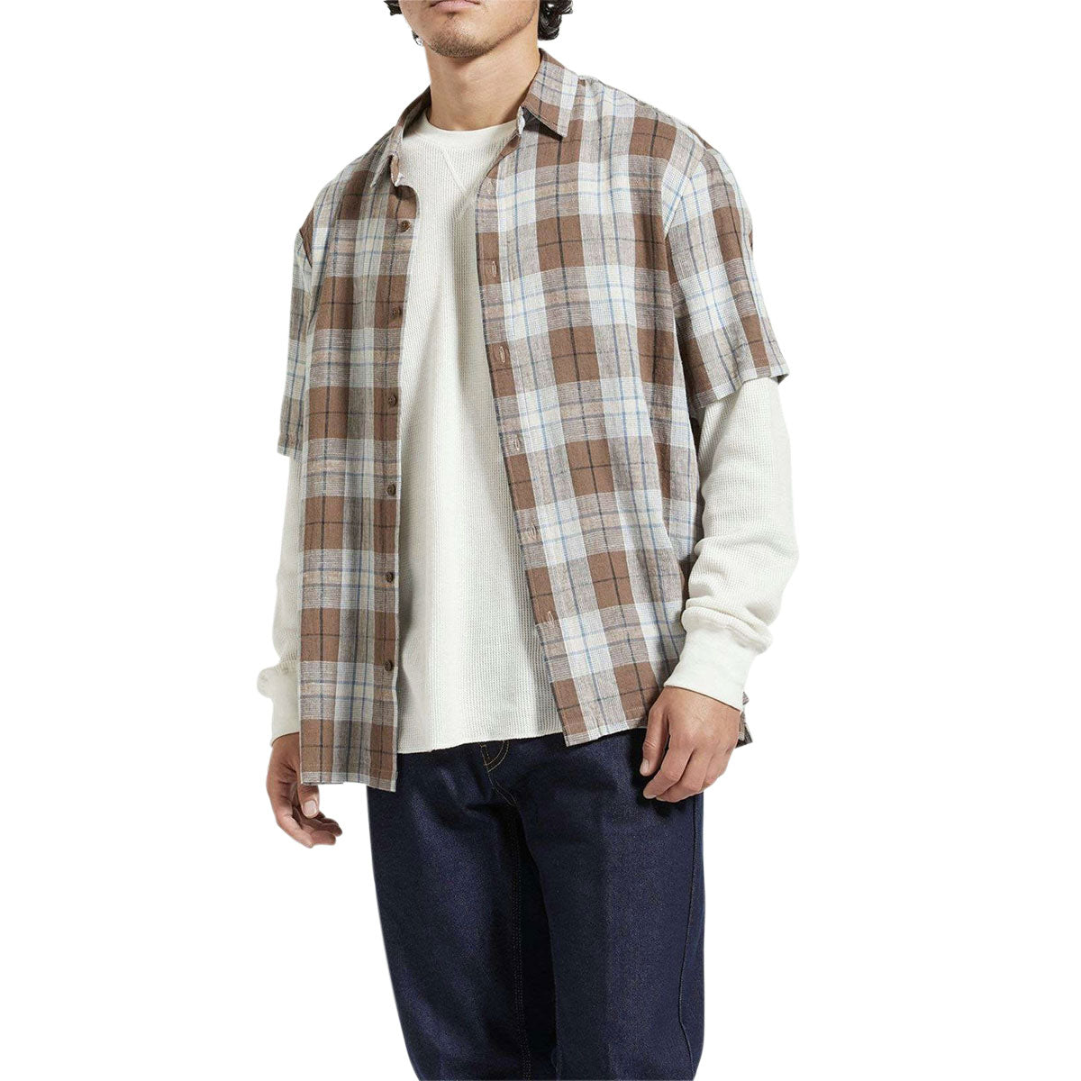 Brixton Cru Linen Blend Woven Shirt - Pinecone Brown/Coronet Blue image 1