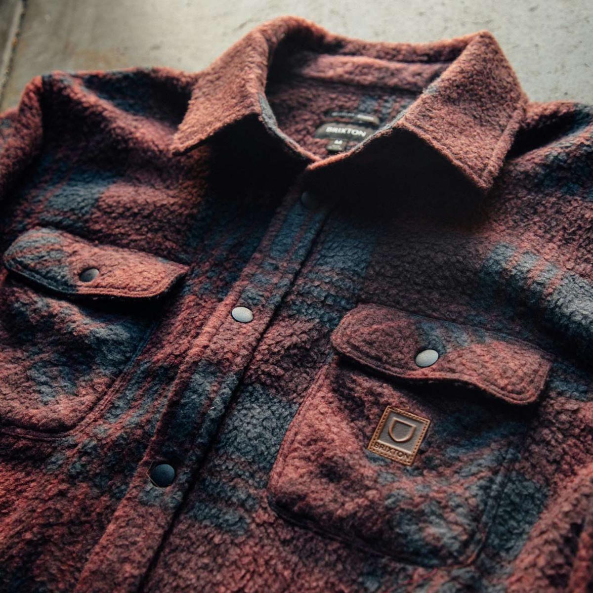 Brixton Bowery Long Sleeve Arctic Stretch Fleece Shirt - Cordovan Red/Washed Navy Plaid image 4