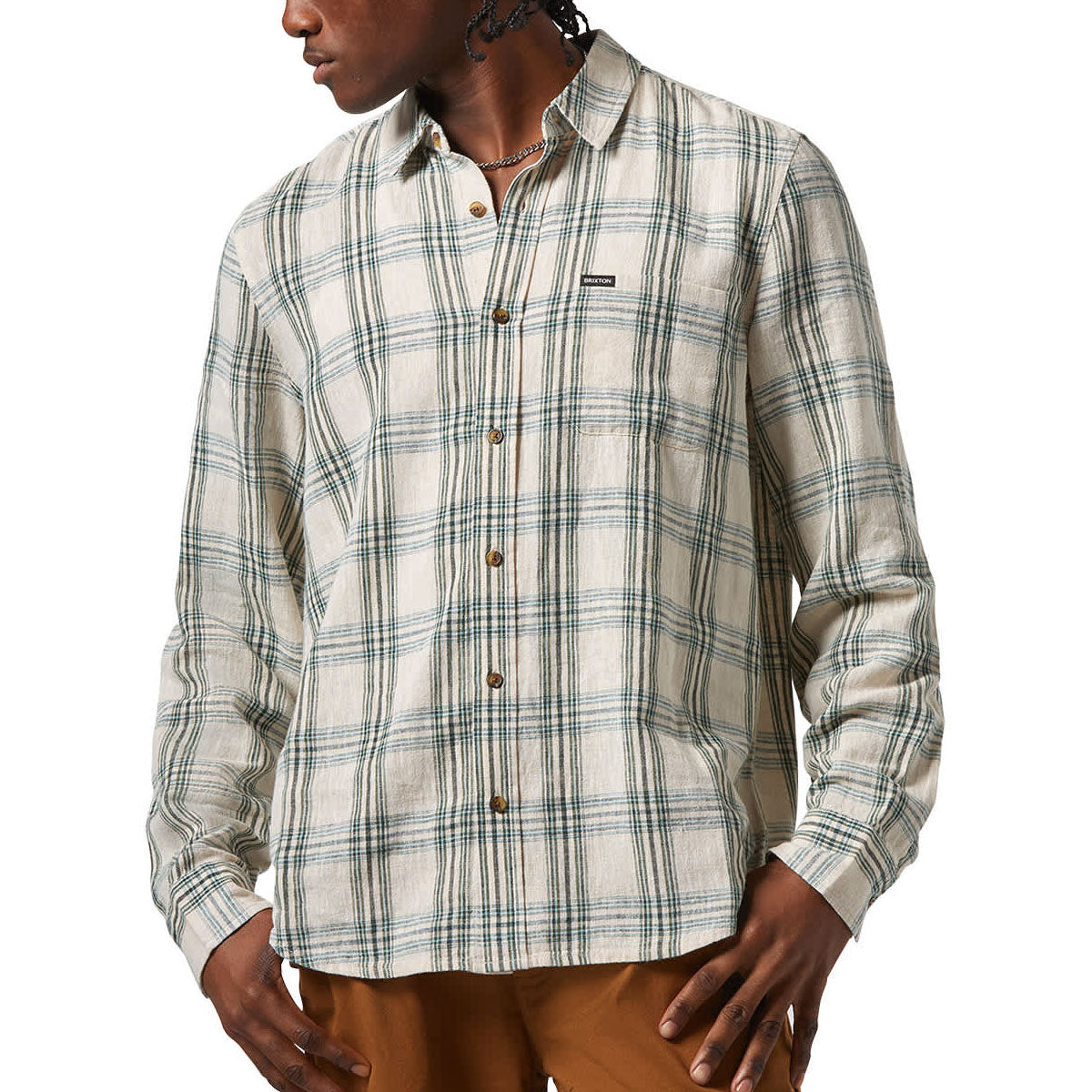 Brixton Charter Linen Blend Long Sleeve Shirt - Off White/Ivy Green Plaid image 1