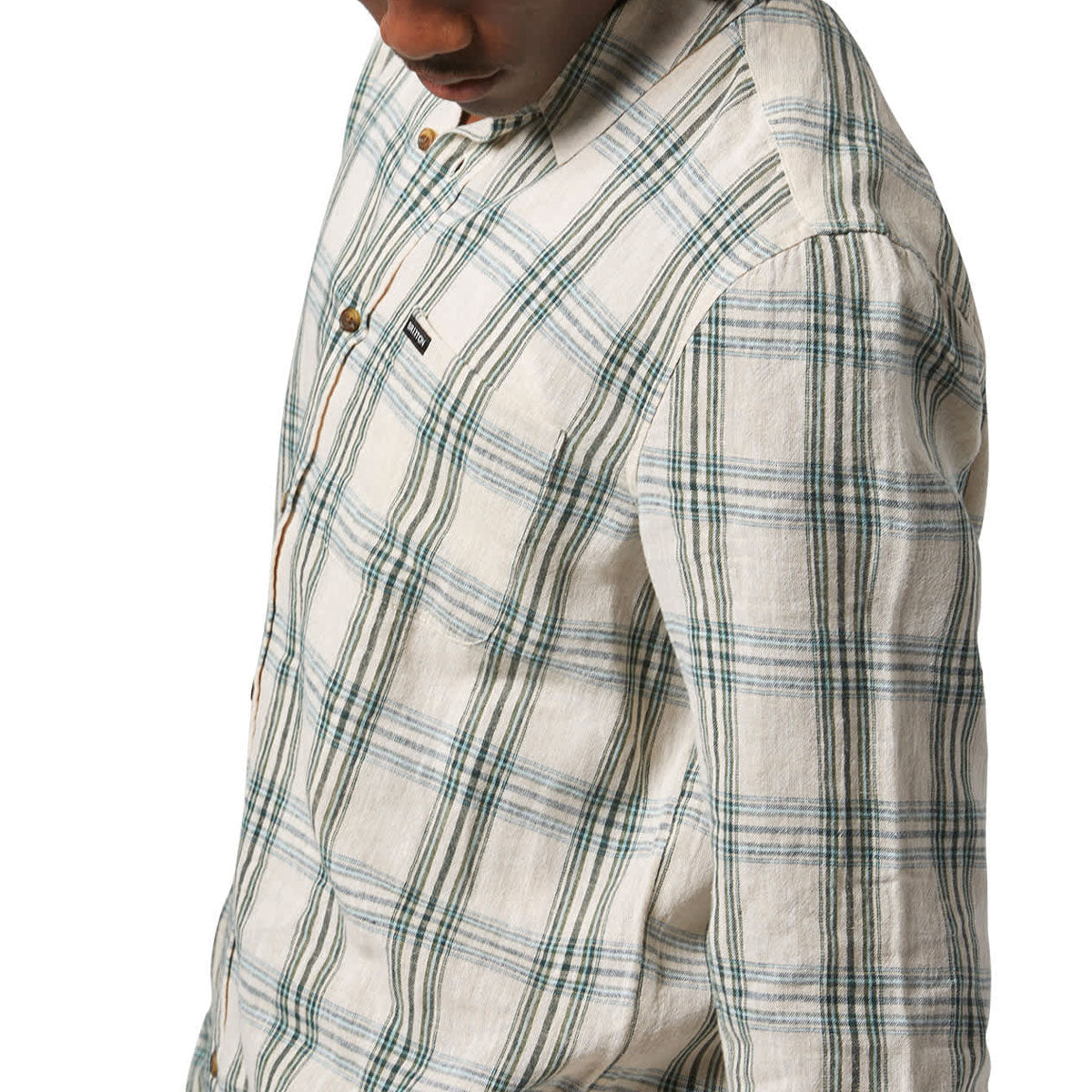 Brixton Charter Linen Blend Long Sleeve Shirt - Off White/Ivy Green Plaid image 3