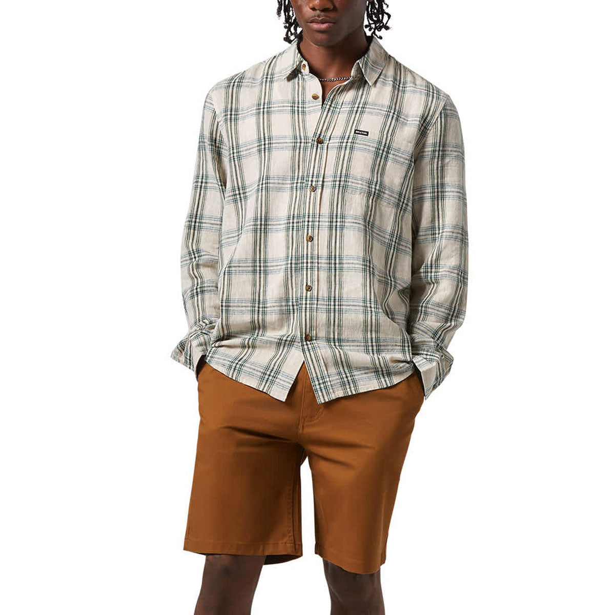 Brixton Charter Linen Blend Long Sleeve Shirt - Off White/Ivy Green Plaid image 4