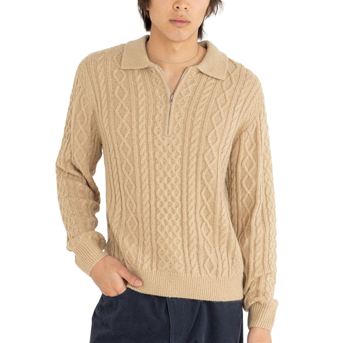 Rhythm Mohair Quarter Zip Fisherman Knit Sweater - Incense image 1