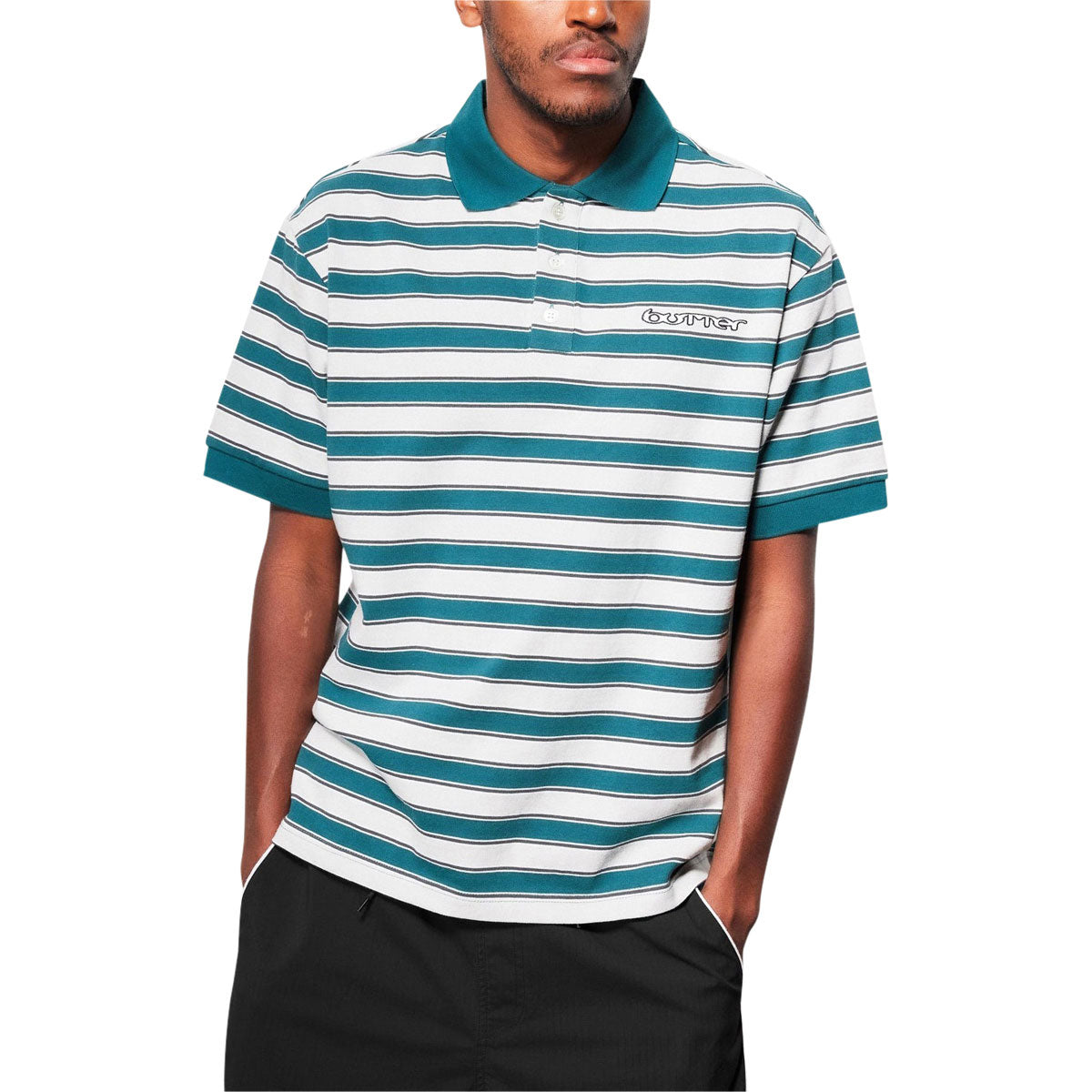 Butter Goods Witness Stripe Polo Shirt - Grey/Teal image 2