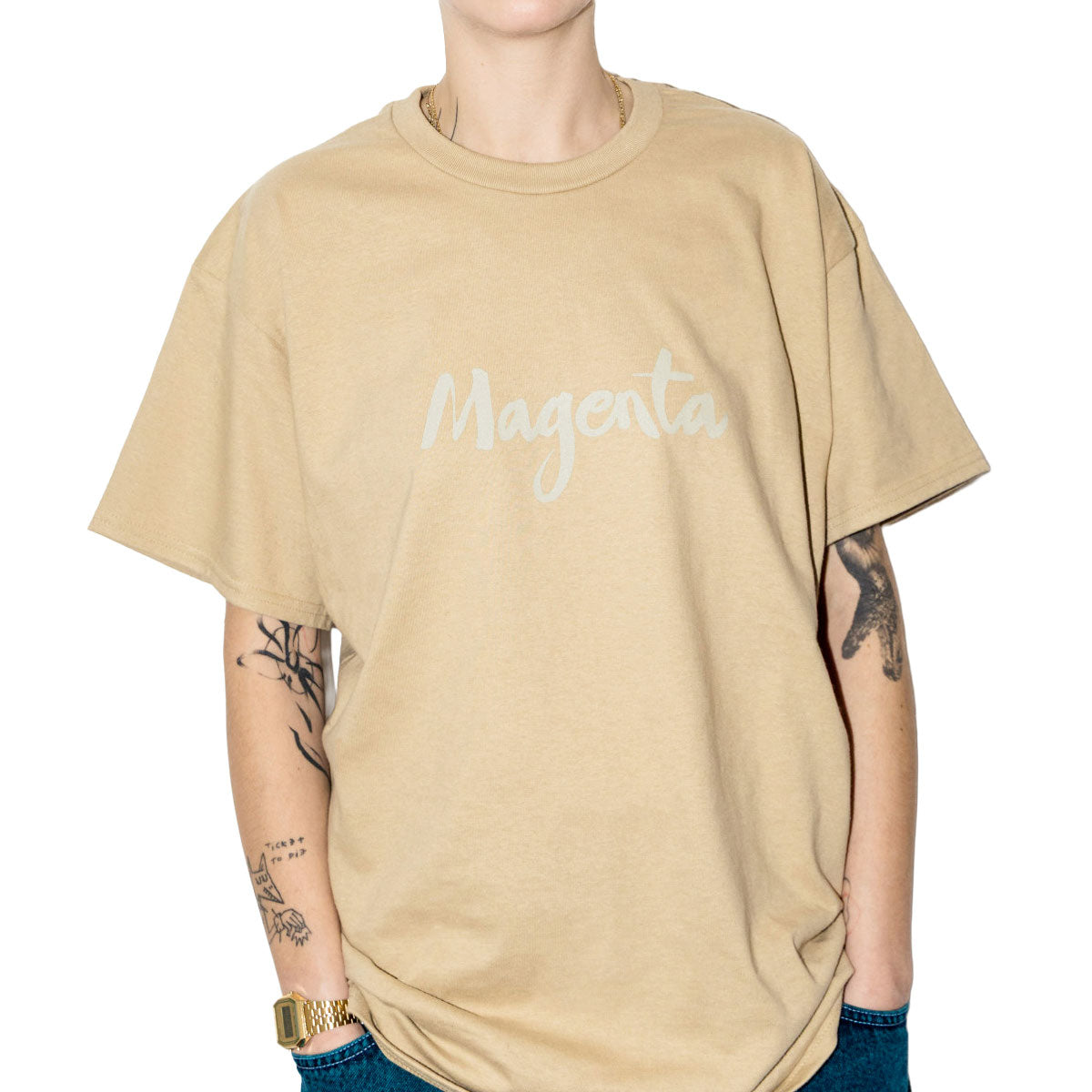 Magenta Script T-Shirt - Beige image 3