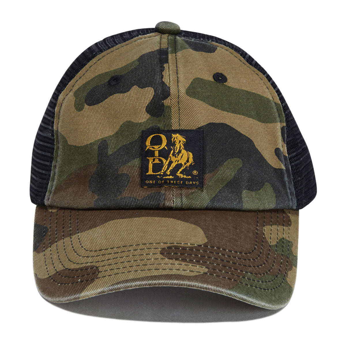 One Of These Days Woven Label Trucker Hat - Woodland Camo image 3