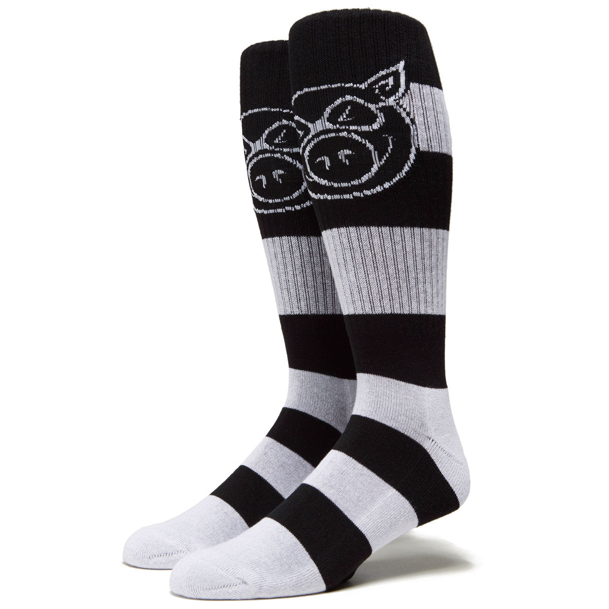 Pig Head Big Stripe Tall Socks - Grey/Black image 1